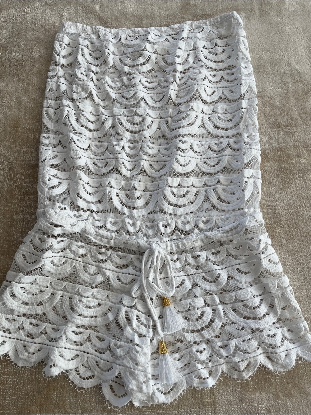 Pilyq White Lace Swim Cover-Up Skirt with Tassel Accents
